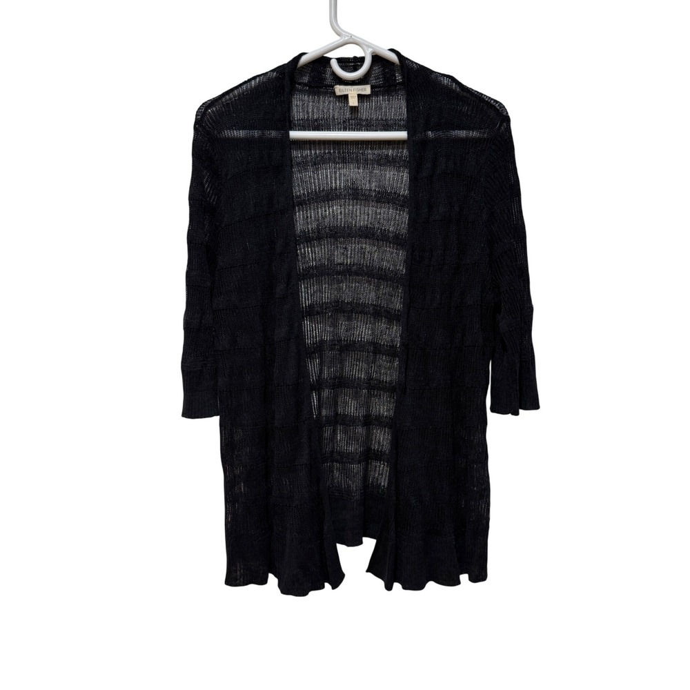 Eileen Fisher Navy Blue 100% Linen Open Front Cardigan Sweater Large 3/4 Sleeve‎